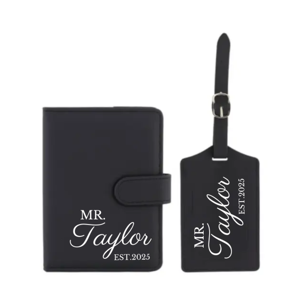 Personalised Mrs. Or Mr. Est Black Passport Holder & Luggage Tag Set